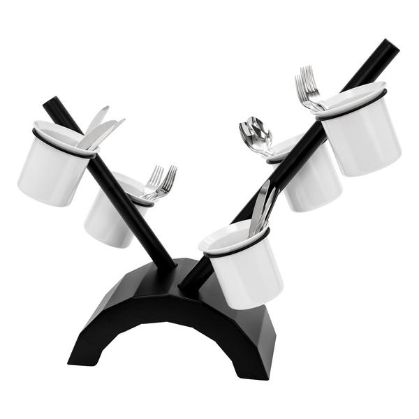 Condiment & Cutlery Holder - 360x200mm - Height: 590mm - Stainless steel - with 5 containers - removable cutlery container - Black & White