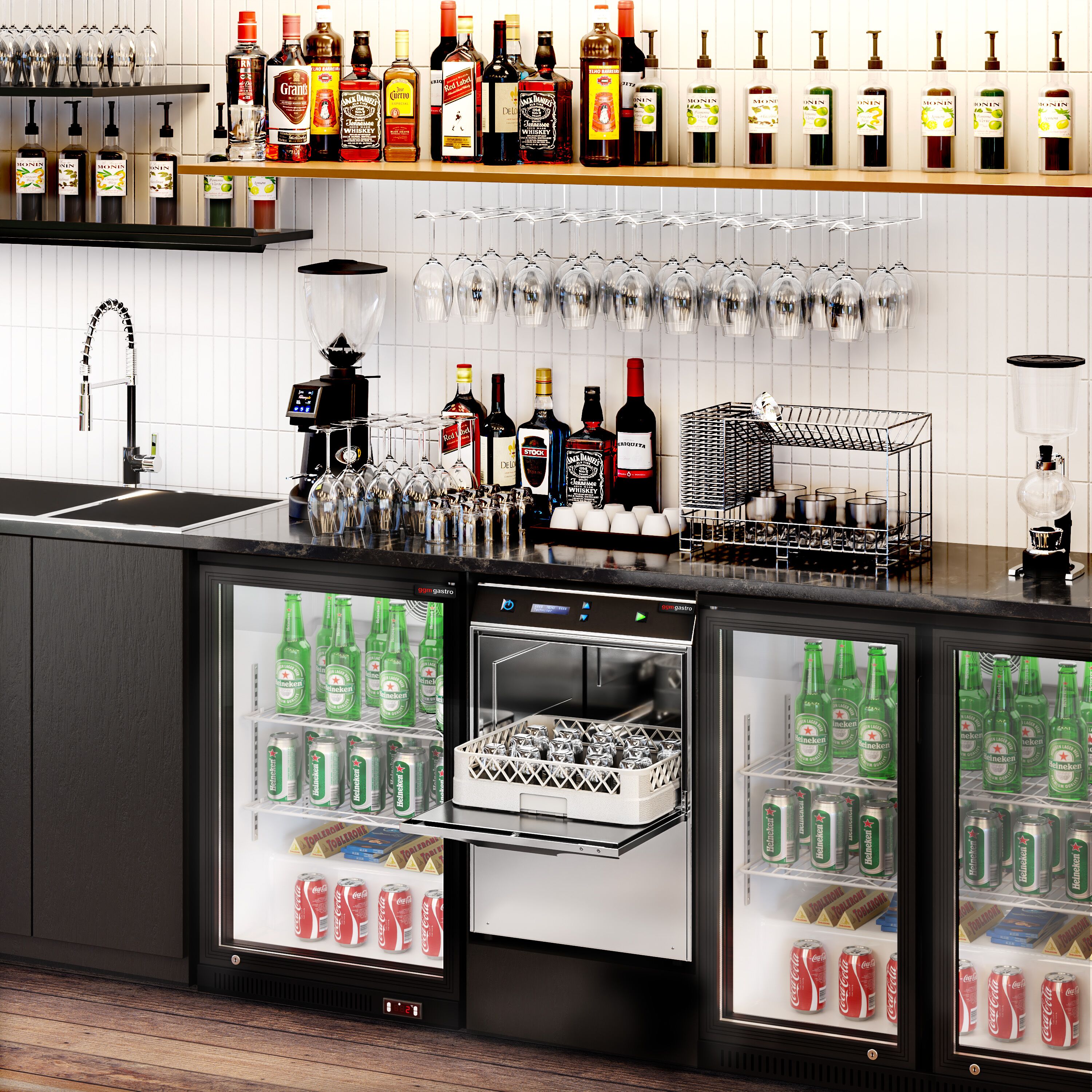 Lave-verres professionnel à double paroi - Numérique - 2,97kW - incl. Filtre à eau anti-calcaire - avec évacuation par gravité, pompes à détergent et de liquide de rinçage