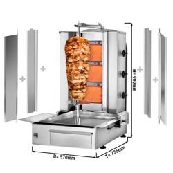 Grill kebab gaz - 3 bruleurs - max. 40 kg - avec 2 tôles de protection et 2 portes battantes