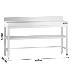 Ruostumattomasta teräksestä valmistettu työpöytä PREMIUM - 1600x700mm - jalustalla, korokkeella ja kannattimilla 