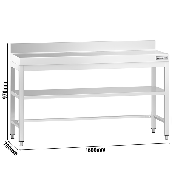 Edelstahl Arbeitstisch PREMIUM - 1600x700mm - mit Grundboden, Aufkantung & Verstrebung