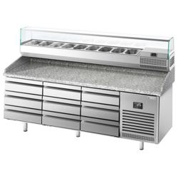 Pizzawerkbank PREMIUM PLUS - 1980x700mm - granieten werkblad - met 0 deuren & 9 deeglades (EN 600x400) - incl. koelopzetvitrine - 9x GN 1/4