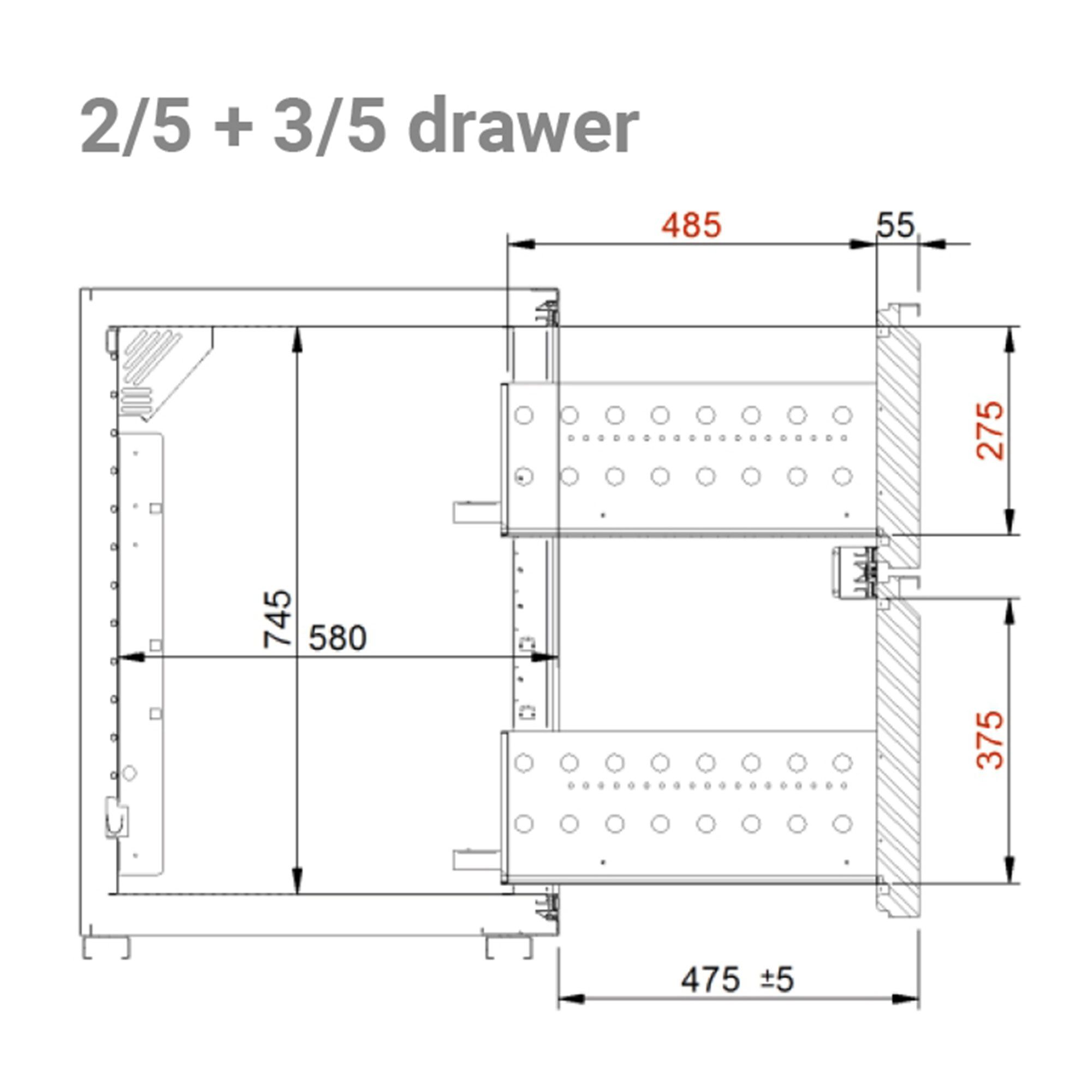 Bloc 2 tiroirs pour comptoir à bière - inox - 560x613x805mm - GN 1/1 - composé de 1x 2/5 tiroir & 1x 3/5 tiroir