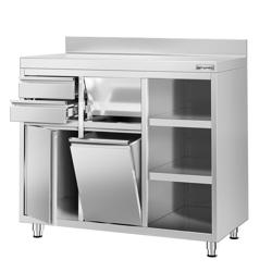 Armário de trabalho - para máquina de café - 1200x600mm - com 2 gavetas, 1 porta, 1 balde do lixo e rebordo elevado