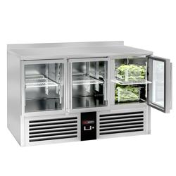 Mesa de Arrefecimento para Pizzas/ Saladas, PREMIUM - 1,37 x 0,7 m - com 3 Portas de vidro + rebordo