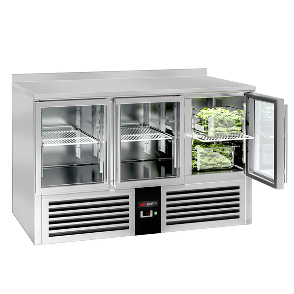 Saladette / Pizza hűtőasztal PREMIUM - 1,37 x 0,7 m - 3 üvegajtóval és hátsó felhajtással