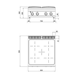 Cucina in vetroceramica professionale - PAOLO 900 - 800x900x340mm - 16,0 kW - 4 piastre - da banco
