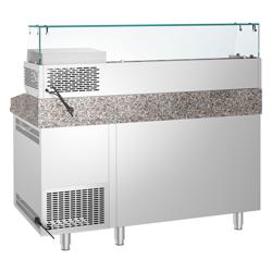 Pizzawerkbank PREMIUM - 1600x800mm - met granieten werkblad - met 2 deuren & 3 laden - incl. glasvitrine - 6x GN 1/3