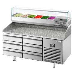 Pizzawerkbank PREMIUM PLUS - 1490x700mm - granieten werkblad - met 0 deuren & 6 laden - incl. koelopzetvitrine - 6x GN 1/4