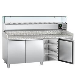 Pizzawerkbank ECO - 2025x800mm - met granieten werkblad - met 3 deuren - incl. glasvitrine - 10x GN 1/4