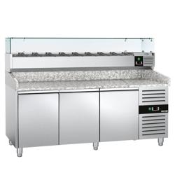 Pizzawerkbank ECO - 2025x800mm - met granieten werkblad - met 3 deuren - incl. glasvitrine - 9x GN 1/3
