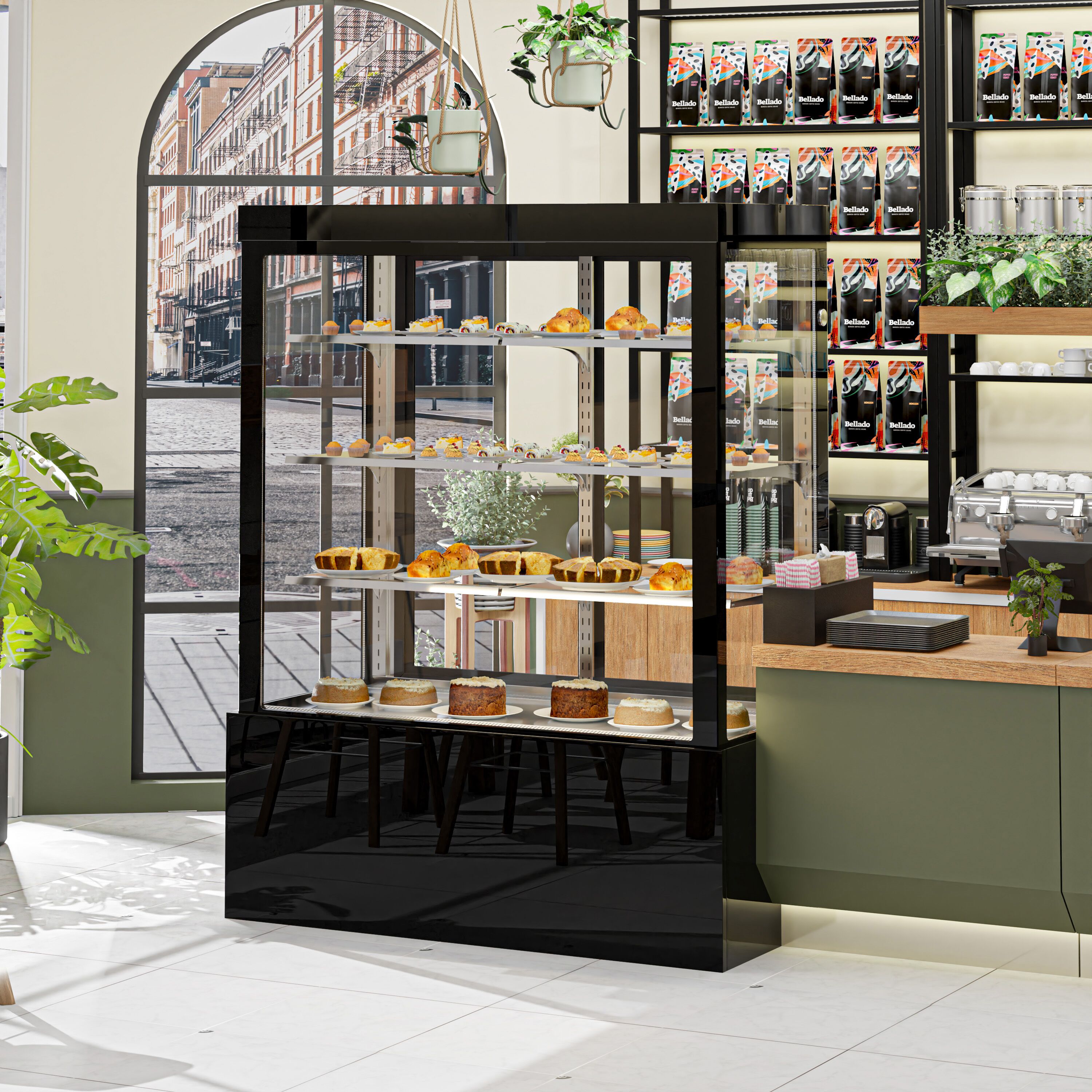 Vitrine de comptoir réfrigérée - 1400L - 1500mm - Double vitrage - avec 3 étagères - portes coulissantes vitrées arrière - Noir