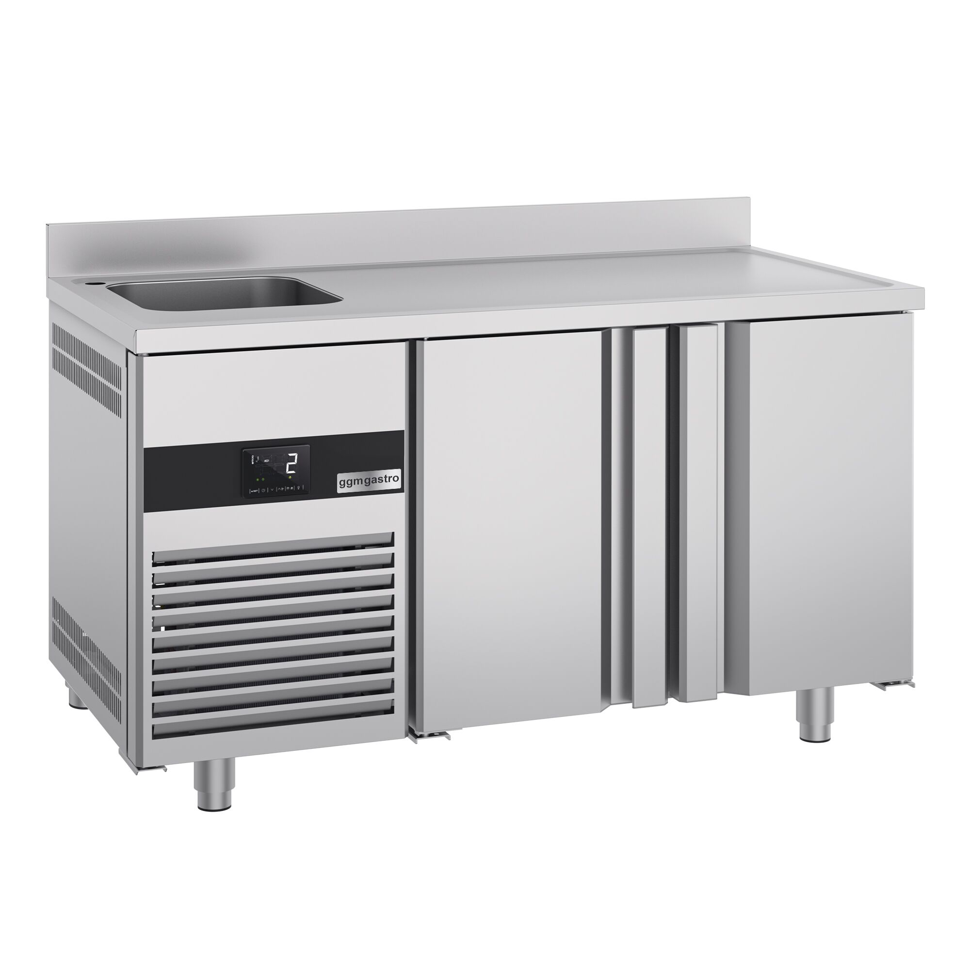 Table réfrigérée PREMIUM - 1430 x 700 mm - avec 2 portes, 1 bac à gauche - dosseret