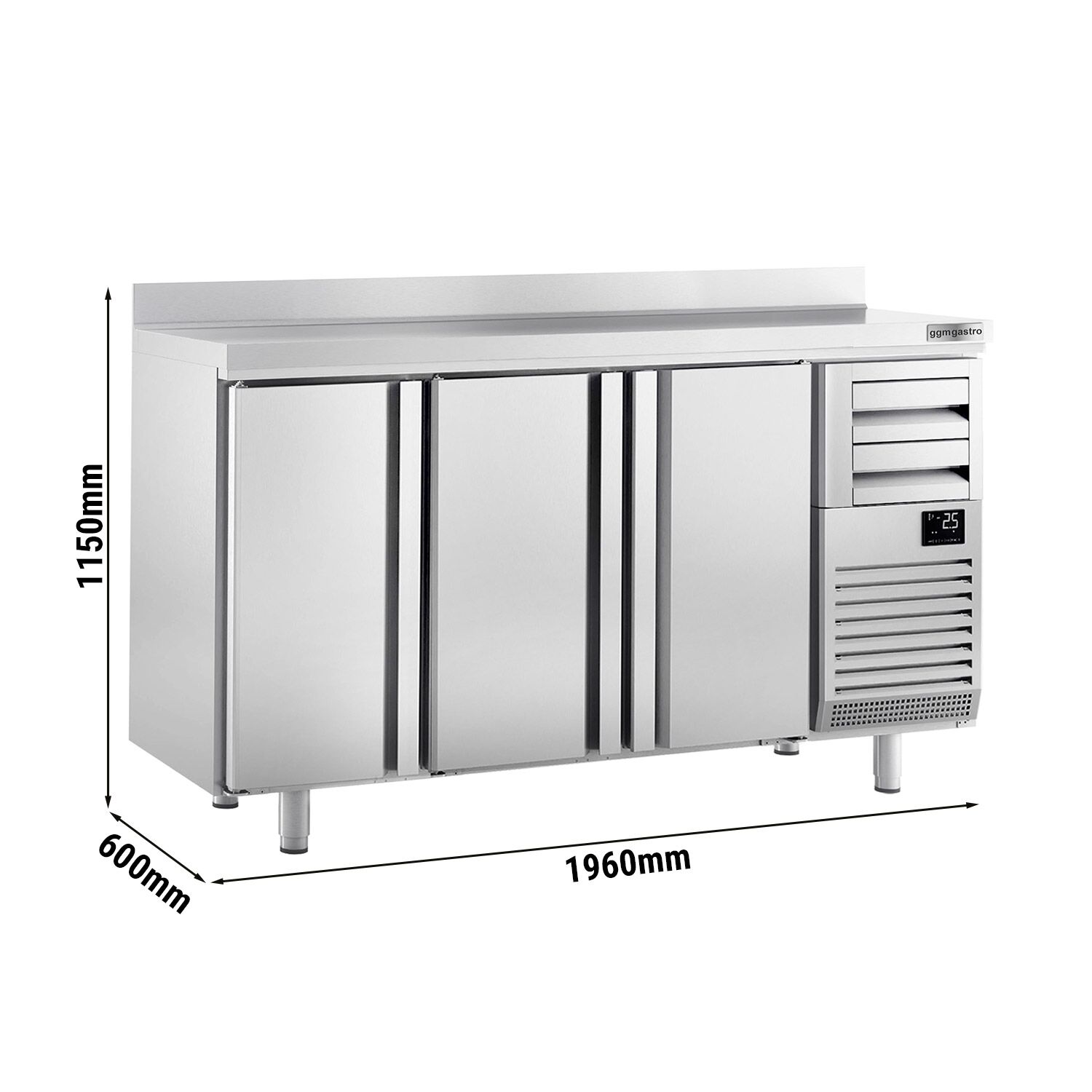 Arrière-bar réfrigéré professionnel Premium PLUS - 1960 x 600 mm - avec 3 portes, 2 tiroirs et dosseret