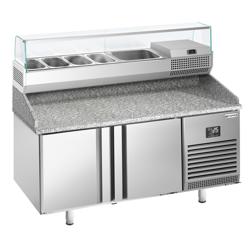 Pizzawerkbank PREMIUM PLUS - 1490x700mm - met granieten werkblad - met 2 deuren - incl. glasvitrine - 6x GN 1/4