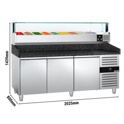 Pizzawerkbank PREMIUM - 2025x800mm - met granieten werkblad - met 3 deuren - incl. glasvitrine LED - 9x GN 1/3