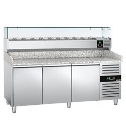 Pizzawerkbank ECO - 2025x800mm - met granieten werkblad - met 3 deuren - incl. glasvitrine - 10x GN 1/4