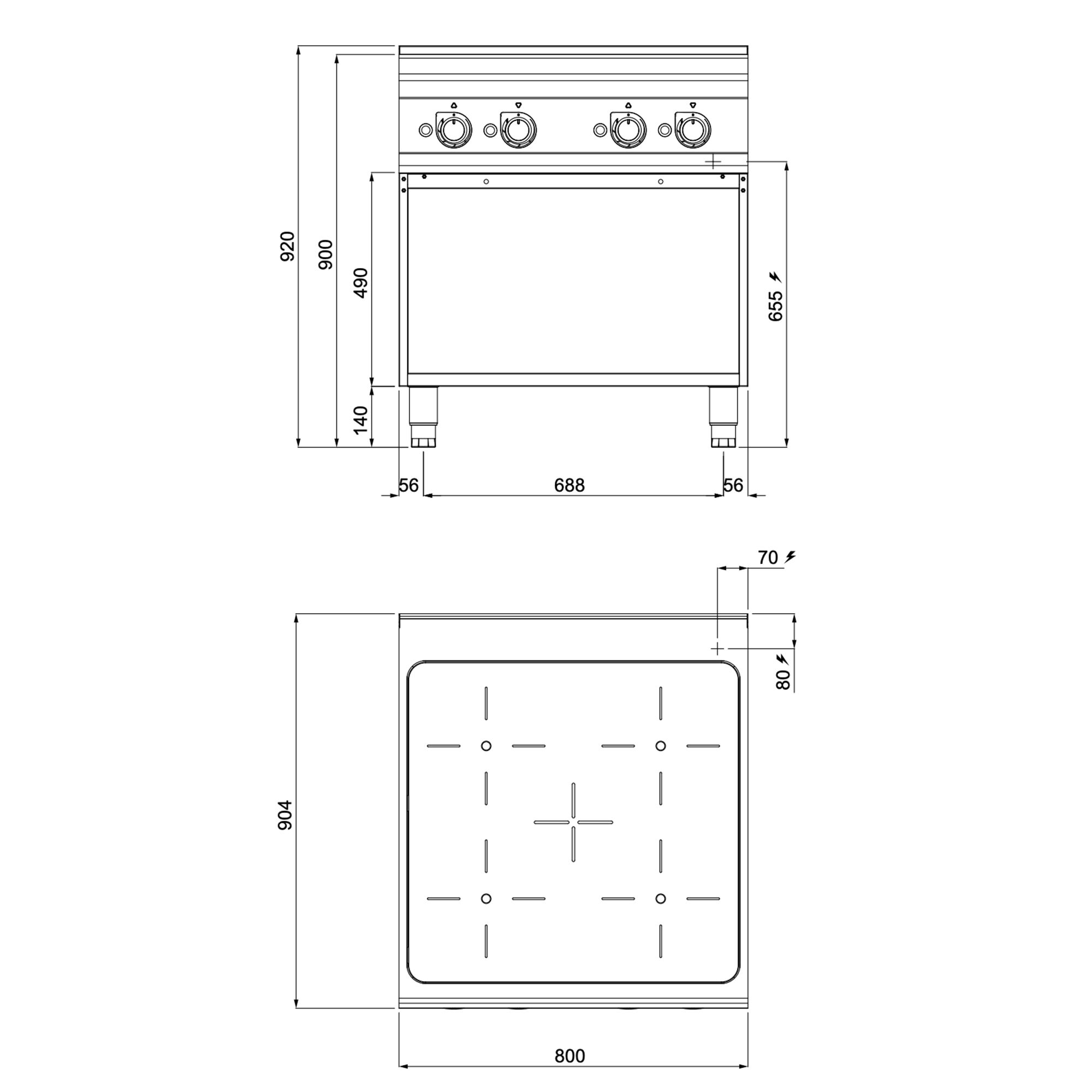 Fourneau à induction - 20kW - 4 foyers - sur placard ouvert