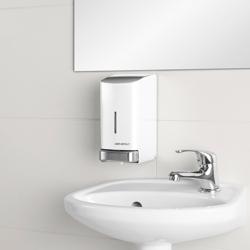 AIR-WOLF | Distributeur de savon et de désinfectant avec bouton-poussoir - 800ml - inox - Blanc