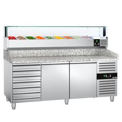 Commercial Refrigerated Pizza Prep Counter PREMIUM - 2000x800 - 2 Doors - 7 Drawers - Top Display Rail LED - 10x GN 1/3