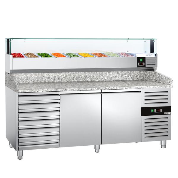 Commercial Refrigerated Pizza Prep Counter PREMIUM - 2000x800 - 2 Doors - 7 Drawers - Top Display Rail LED - 10x GN 1/3