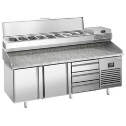 Pizzakylbänk PREMIUM PLUS - 1980x700mm - 2 luckor & 3 lådor - inkl. kylränna - 9x GN 1/4