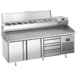 Pizzakylbänk Premium PLUS – 1980x700 mm – med 2 dörrar & 3 lådor – inkl. kyltopp-vitrin – plats för 9x GN 1/4