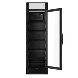 Commercial Upright Glass Door Display Fridge with Illuminated Canopy - 595mm - 347 Litres - with 1 hinged glass door - LED lighting - Black - UK Plug - Temperature range 2 to 10 °C