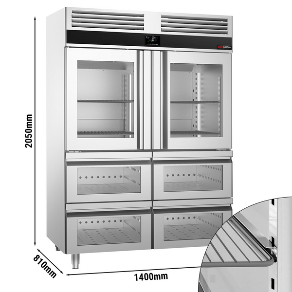 Kylskåp i rostfritt stål PREMIUM - GN 2/1 - 1400 liter - med 2 halvdörrar i glas och 4 lådor i glas