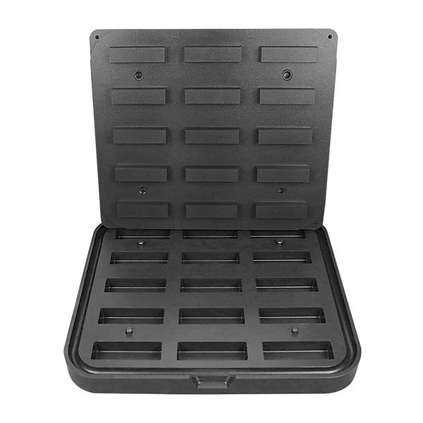 Placă pentru coji de mini-tarte pentru mașina TMNP - antiaderent - Formă mini-tartă: Dreptunghi - netedă - 90x26 mm - înălțime 19 mm - pentru 15 mini-tarte