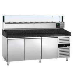 Pizzawerkbank PREMIUM - 2025x800mm - met granieten werkblad - met 3 deuren - incl. glasvitrine LED - 9x GN 1/3