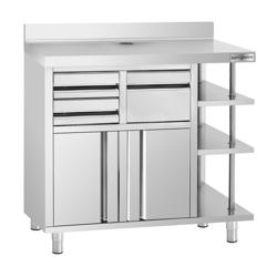 Tavolo armadiato in acciaio inox - 1000x600mm - con 2 porte a battente + 2 cassetti a destra - con alzatina