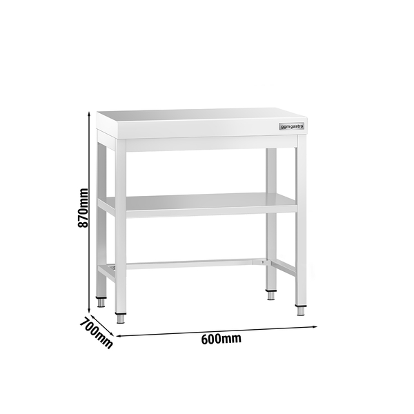 Arbetsbord i rostfritt stål PREMIUM - 0,6 m - mellanhylla & bakkant