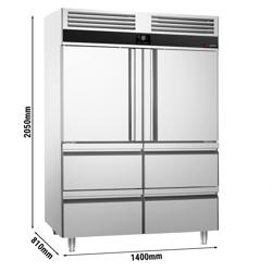Vrieskast RVS PREMIUM - GN 2/1 - 1400liter - tot -20°C tot -10°C - met 2 halve deuren & 4 laden - geforceerde koeling, LED‑verlichting & automatische ontdooiing