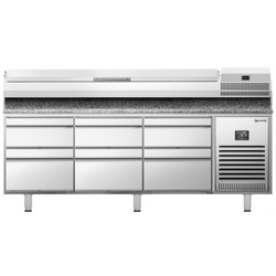 Холодильний стіл для піци Premium PLUS - 1980x700 мм - з 6 висувними шухлядами - вкл. холодильну вітрину (надставку) - 9x GN 1/4