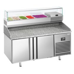 Pizzawerkbank PREMIUM PLUS - 1490x700mm - met granieten werkblad - met 2 deuren - incl. glasvitrine - 6x GN 1/4