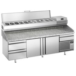 Pizzawerkbank PREMIUM PLUS - 3305x800mm - granieten werkblad - met 3 deuren & 3 laden - incl. koelopzetvitrine - 11x GN 1/4