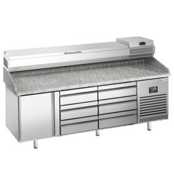Masă de preparare pizza Premium PLUS - 1980x700mm - cu 1 usa si 6 sertare incl. vitrină frigorifică - 9x GN 1/4
