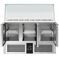 Saladette PREMIUM - 1368mm - 3 deuren - met hoge glazen opzetstuk voor 4x GN 1/1