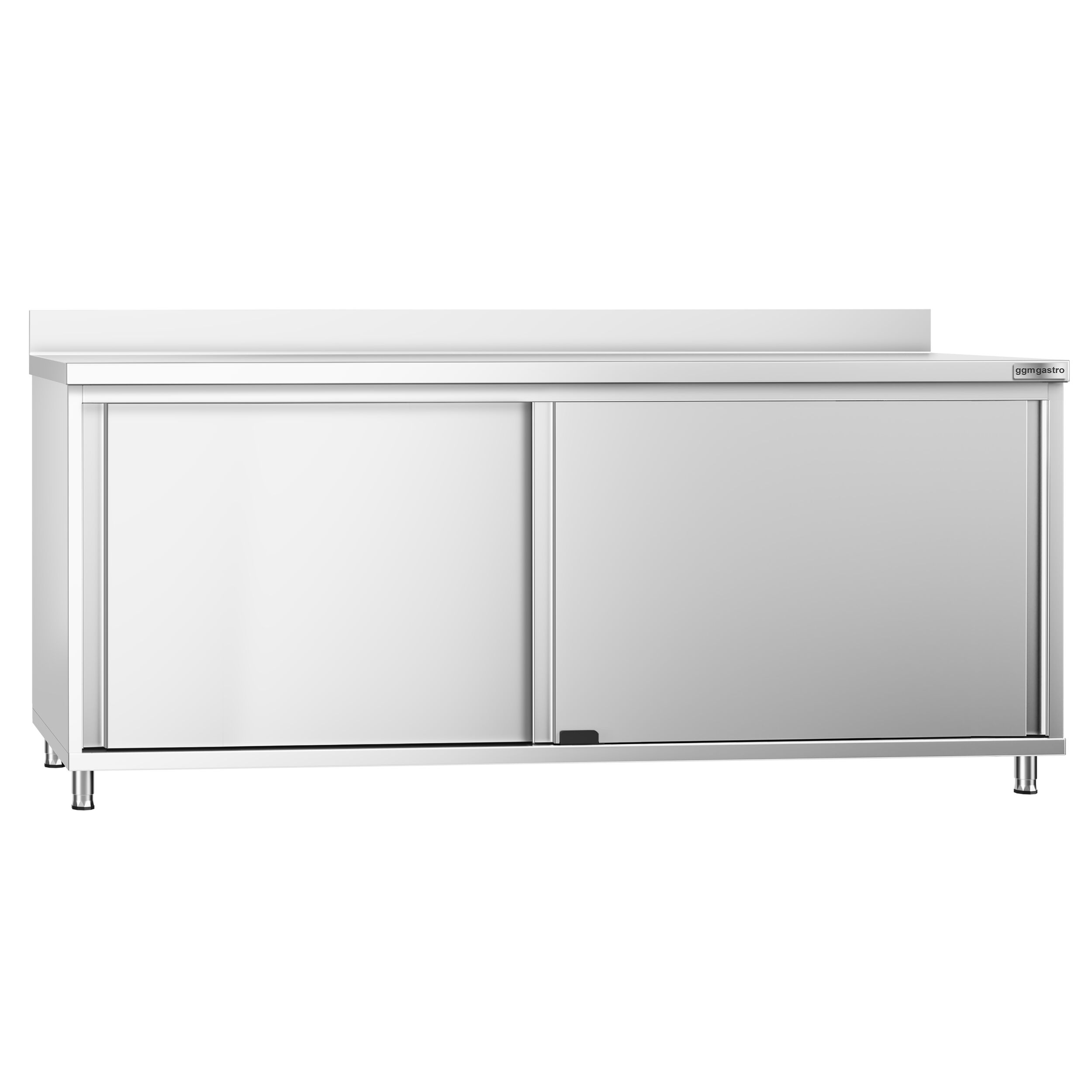 Table armoire en acier inoxydable PREMIUM - 2000x600mm - avec portes coulissantes et étagère basse - avec dosseret