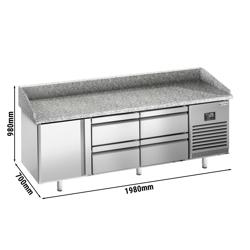 Masă frigorifică pentru preparare pizza PREMIUM PLUS - cu blat din granit - 1980x700 mm - cu 1 ușă & 4 sertare
