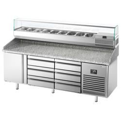 Pizzawerkbank PREMIUM PLUS - 1980x700mm - met granieten werkblad - met 1 deur & 6 laden - incl. glasvitrine - 9x GN 1/4