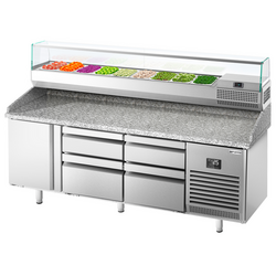 Pizza hazırlık tezgahı Premium PLUS - 1980x700mm - 1 kapılı ve 4 çekmeceli - soğutmalı vitrin dahil - 9x GN 1/4