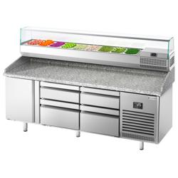 Pizzawerkbank PREMIUM PLUS - 1980x700mm - met granieten werkblad - met 1 deur & 4 laden - incl. glasvitrine - 9x GN 1/4
