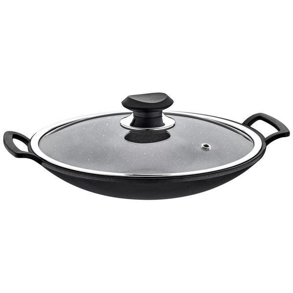 Sartén wok - Ø 300mm - Altura: 115mm - Antiadherente - Apta para todo tipo de cocinas - con tapa de vidrio - Negro