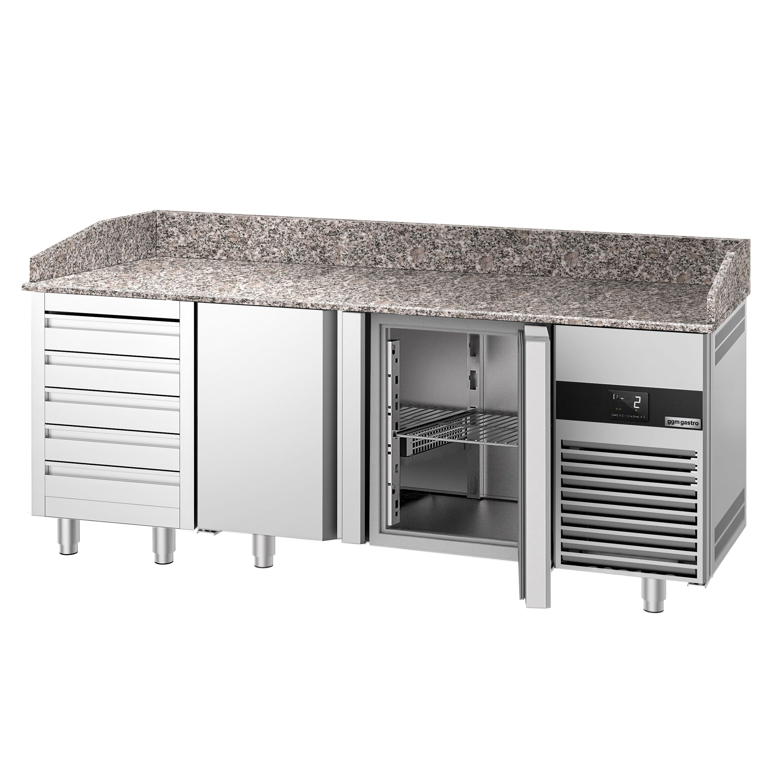 Table réfrigérée pour pizza PREMIUM - 2100 x 800 mm - avec 2 portes & 5 tiroirs