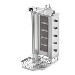 Machine à Kebab / Gril vertical à gaz - 5 brûleurs - 16,25kW - pour 80kg de viande - à poser - livré avec 2 volets, 2 pare-graisses, broche et bac à graisse