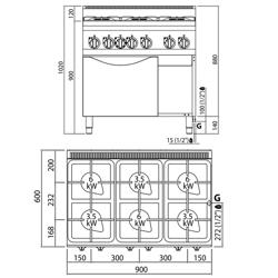 Gasfornuis - Lorenzo 600 - 900x600mm - 32,0 kW - 6 pits - incl. gas statische oven - 3,5 kW