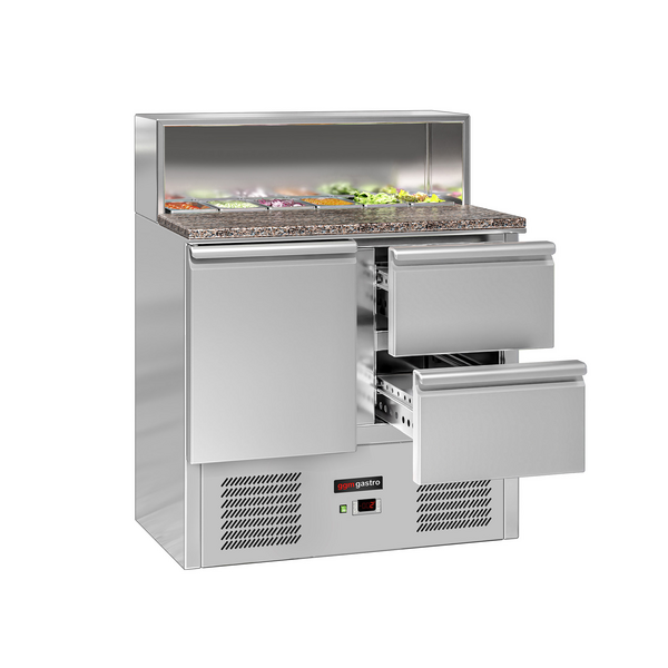 Mesa de refrigeração para salada / pizza ECO - 0,9 x 0,7 m - com 1 porta e 2 gavetas 1/2