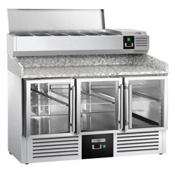 Pizzawerkbank PREMIUM - 1400x700mm - met granieten werkblad - met 3 glazen deuren - incl. opzetkoelvitrine - 6x GN 1/4